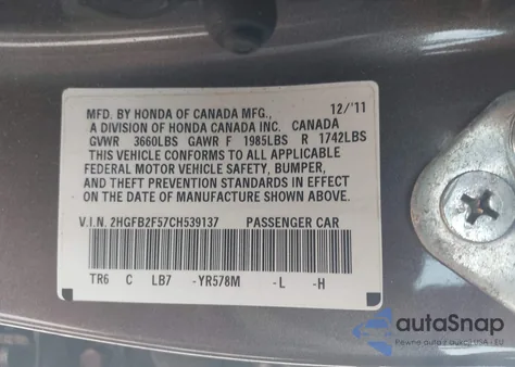 2012 Honda Civic Lx из США, поврежденный, VIN 2HGFB2F57CH539137